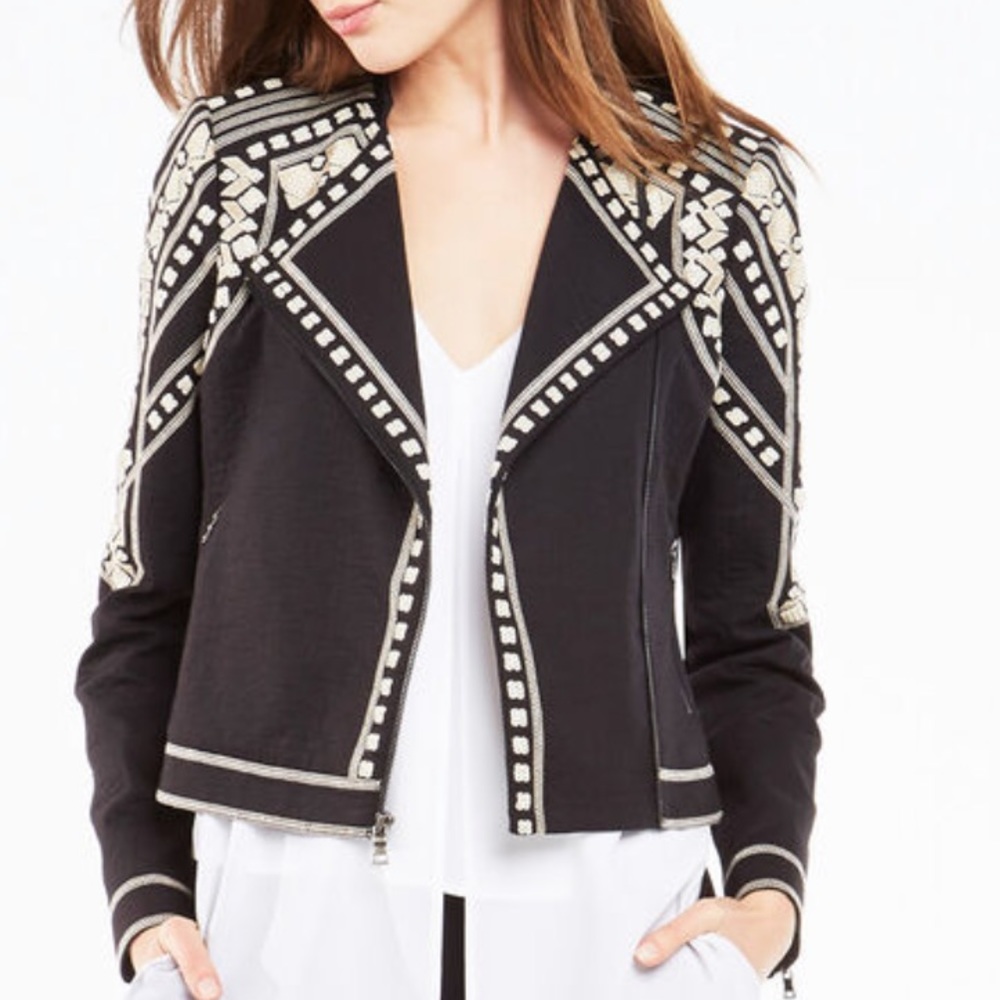 NWT BCBG Geometric Embroidered Moto Jacket - Picture 3 of 8